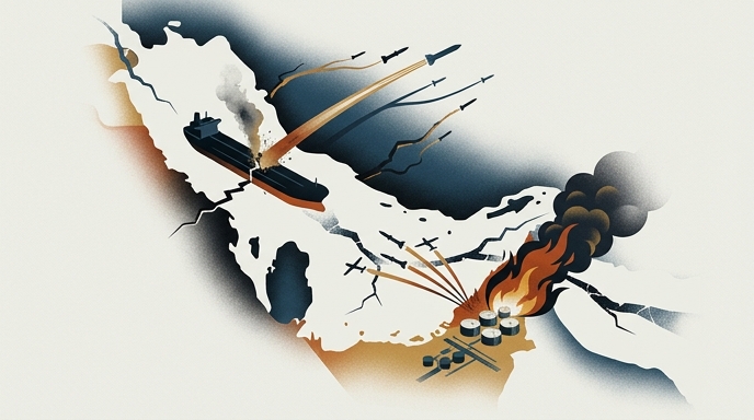 Ilustración editorial de un mapa que muestra ataques con misiles y drones en el Golfo, impactando un petrolero y un puerto.
