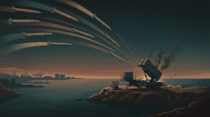 Ilustración editorial que muestra una andanada de misiles impactando un sistema de defensa Patriot en una costa.