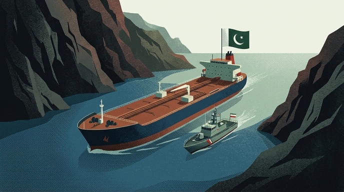 Un buque de carga paquistaní navega por el Estrecho de Hormuz escoltado por una embarcación militar iraní entre acantilados.