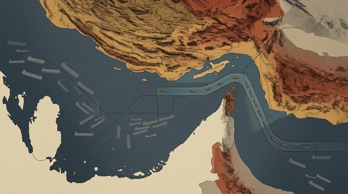 Mapa ilustrado que muestra un corredor de barcos limitado en el Estrecho de Ormuz, con muchos barcos parados.