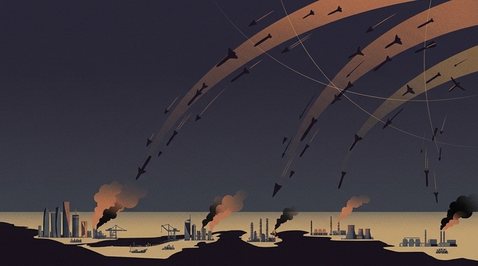 Ilustración editorial minimalista que muestra misiles y drones sobre el Golfo Pérsico hacia infraestructuras en llamas.