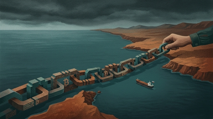 Ilustración de una mano gigante cerrando el paso del Estrecho de Ormuz con una cadena de eslabones de bitcoines.
