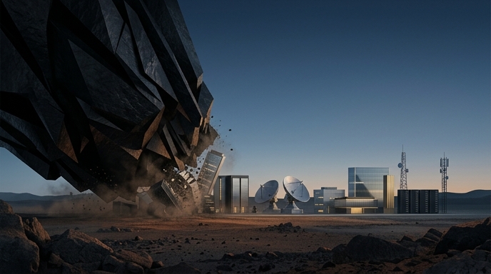 Masa oscura y geométrica consume infraestructuras corporativas de EE.UU. en un paisaje desértico al anochecer.