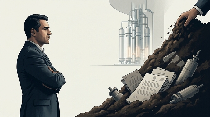 Un funcionario iraní observando cómo se entierra una pila de documentos y componentes nucleares en el suelo.