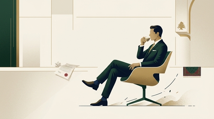 Un hombre de traje toma café en Beirut, ignorando un documento de expulsión en el suelo con un cedro libanés al fondo.