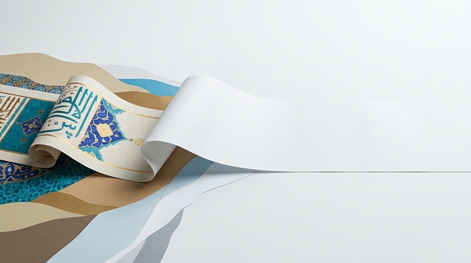 Un pergamino con arte persa se desenrolla en papel blanco en blanco, simbolizando el mensaje de Irán al pueblo estadounidense.