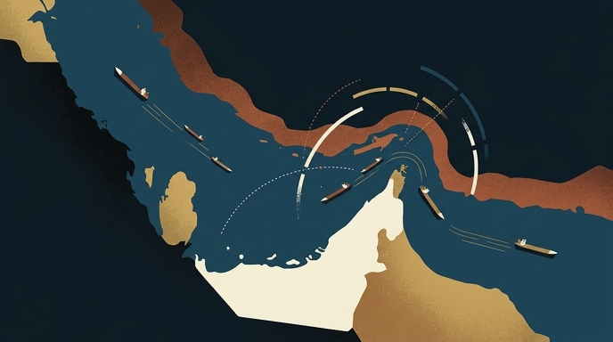 Mapa conceptual de petroleros navegando por un estrecho conflictivo bajo un cielo oscuro.