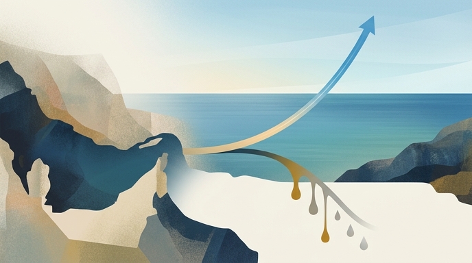 Ilustración de un paisaje costero con gráficos abstractos que muestran una tendencia ascendente en los mercados y una descendente en el petróleo.