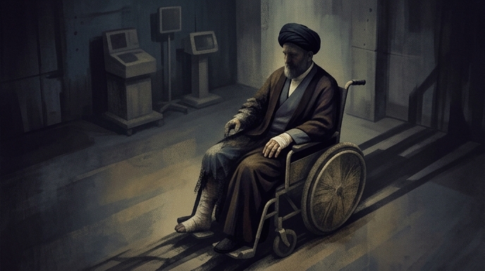 Ilustración de un clérigo herido en silla de ruedas en un búnker médico subterráneo.