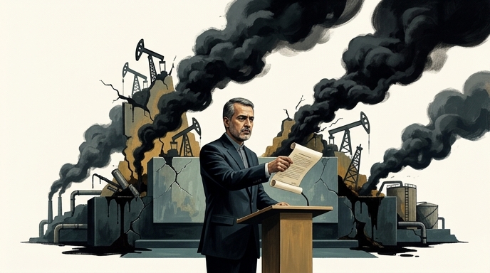 Un diplomático presenta quejas ante la ONU con humo negro y fracturas de petróleo de fondo.