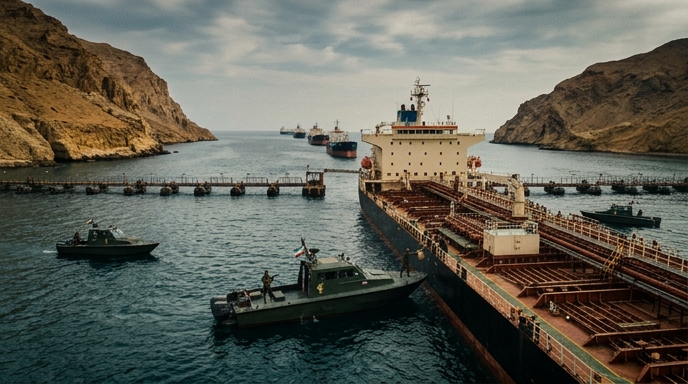 Barcos del CGRI iraní interceptan un petrolero en un estrecho, simbolizando el control de peaje.