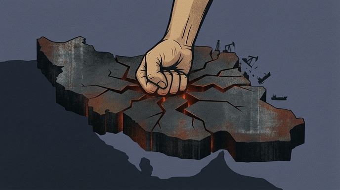 Ilustración editorial de un puño golpeando el mapa de Irán, rompiendo la tierra y afectando la infraestructura petrolera.