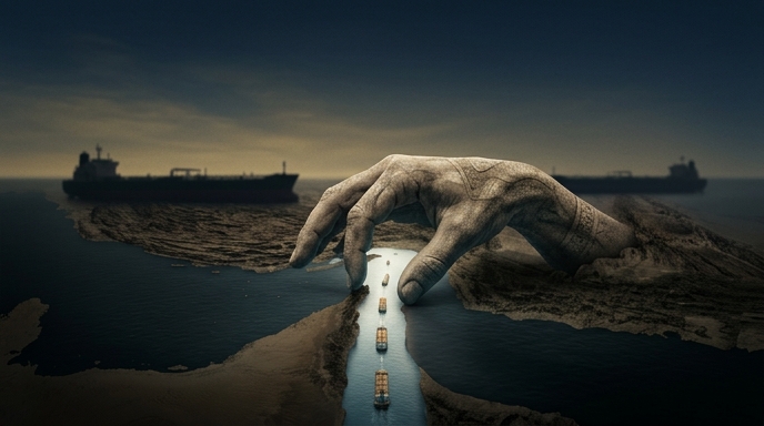 Una mano de piedra se cierne sobre un estrecho pasillo marítimo, permitiendo el paso de unos pocos barcos.