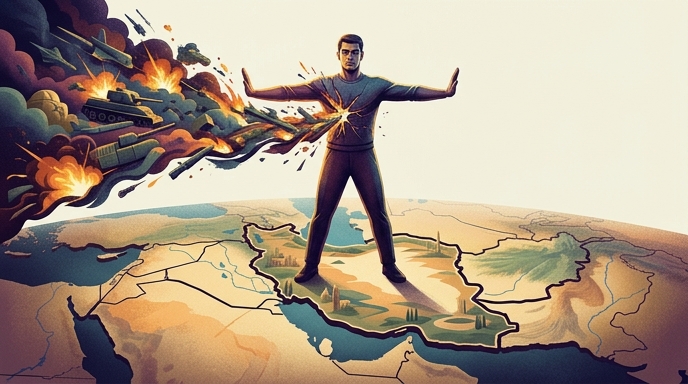 Ilustración de un hombre de pie sobre el mapa de Irán, deteniendo con las manos una ola de explosiones y equipo militar.