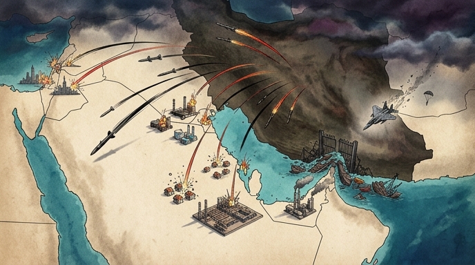 Mapa ilustrado de Oriente Medio que muestra ataques con misiles desde Irán hacia Israel y el Golfo Pérsico.