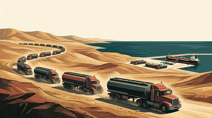 Ilustración de un convoy de camiones cisterna cruzando el desierto hacia un puerto marítimo.