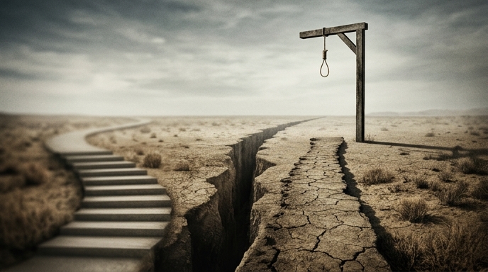 Un paisaje desértico y árido dividido por un profundo abismo. A un lado, un camino estrecho de tierra agrietada conduce directamente a una horca de madera desgastada con una sola cuerda y soga. Al otro lado del abismo, una escalinata de piedra suave y curva se aleja hacia el fondo, perdiendo el enfoque. El cielo está nublado y sombrío, proyectando sombras largas y oscuras sobre el terreno escarpado. La composición enfatiza la división y el contraste entre los dos caminos.