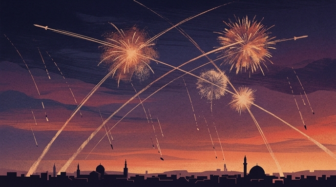 Explosiones y misiles cruzando el cielo sobre el perfil urbano de Damasco, Siria.