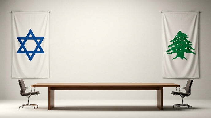 Dos estandartes con la Estrella de David azul y el Cedro libanés verde flanquean una mesa de conferencias vacía.