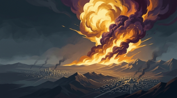 Ilustración de una enorme explosión que sacude una ciudad en el desierto, reflejando bombardeos aéreos.