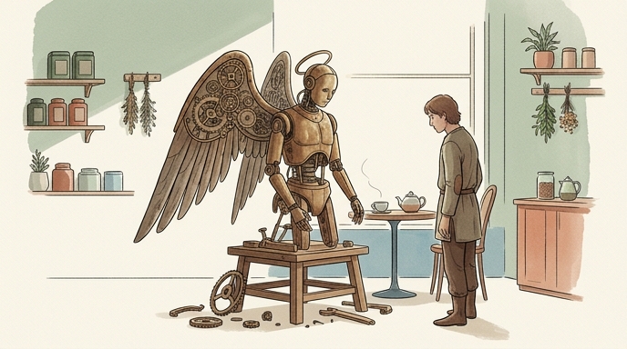 Un autómata inacabado con alas de engranaje se sienta en una tetería vacía, con piezas sueltas a sus pies.