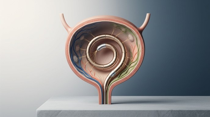 Modelo anatómico de la vejiga que muestra un dispositivo médico interno, con el sistema de administración de fármacos Erda-iDRS insertado.