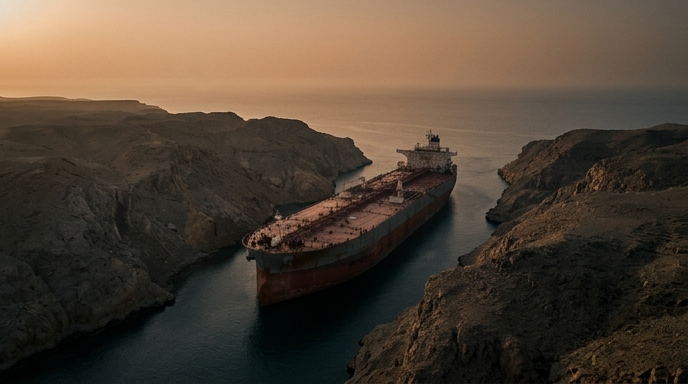 Un gran petrolero navegando por un estrecho canal rodeado de montañas áridas al atardecer.