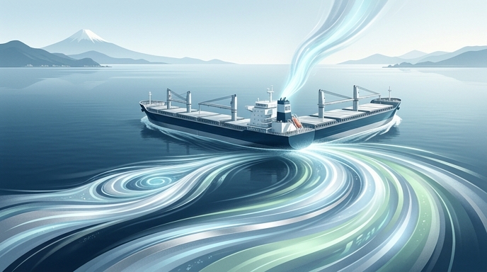 Un gran buque de carga navega dejando un estela azul y verde, con el Monte Fuji y la costa de Japón al fondo.