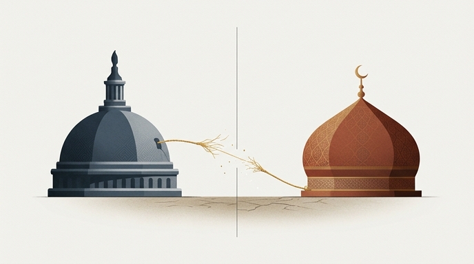 Ilustración editorial que muestra el Capitolio de EE. UU. y una cúpula iraní unidas por una cuerda que se rompe, simbolizando la frágil tregua.