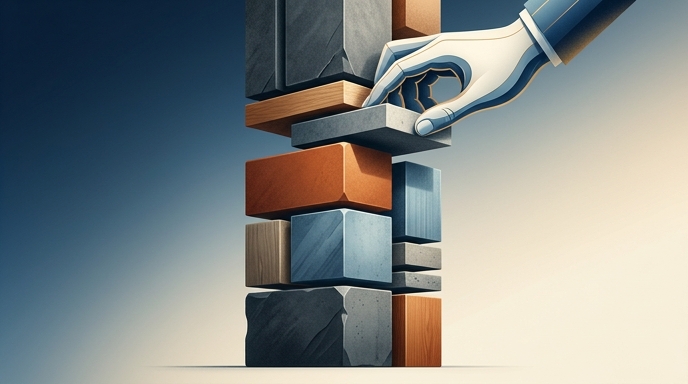 Ilustración editorial de una mano robótica manipulando bloques de construcción que representan la infraestructura de IA.