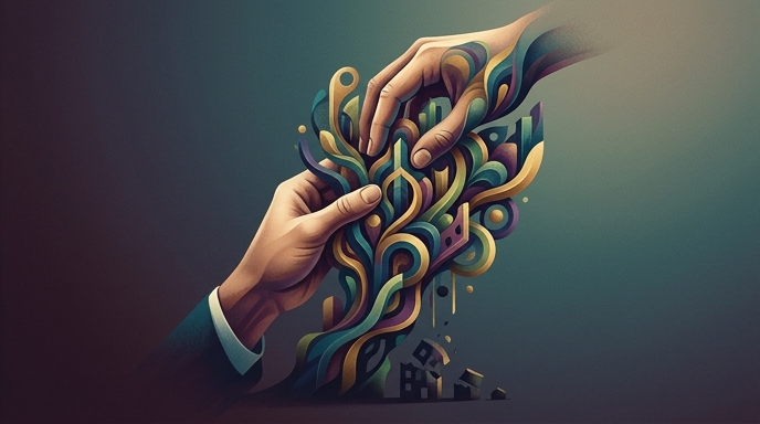 Ilustración de estilo editorial que muestra unas manos moldeando formas abstractas y vibrantes, representando la creatividad frente a la pérdida de empleo por la IA.