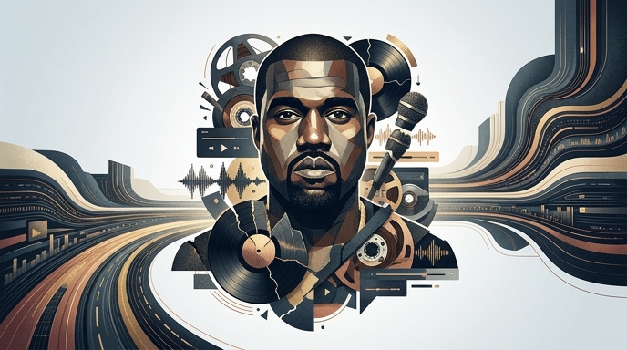 Ilustración editorial abstracta de Kanye West rodeado de elementos musicales y flujo de datos digitales.