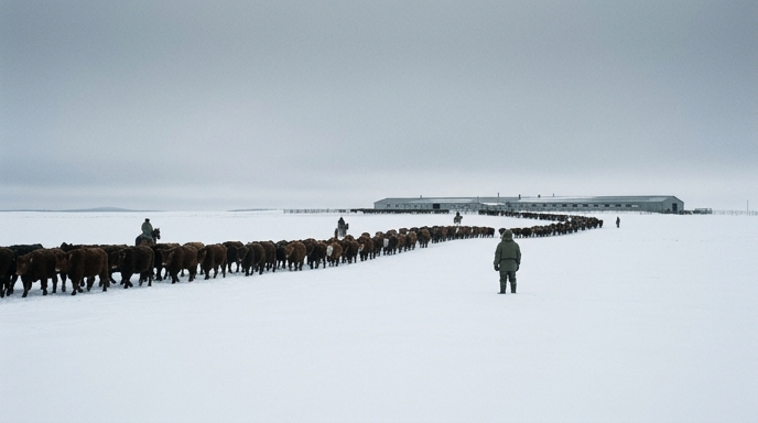 Ganado conducido en fila a través de la estepa siberiana nevada bajo un cielo gris.