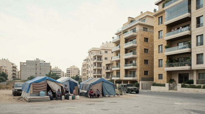 Refugiados libaneses desplazados acampan junto a edificios de apartamentos modernos en Beirut.