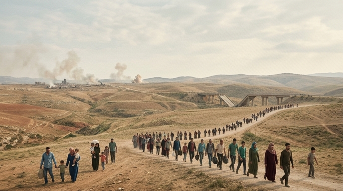 Vista aérea de una fila de personas caminando por un sendero polvoriento en un paisaje montañoso, con humo a lo lejos.