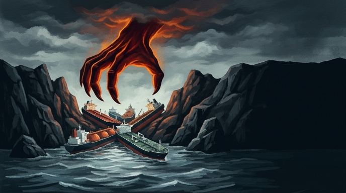 Ilustración de una gran mano roja simbólica cerrando el paso a los petroleros en el Estrecho de Hormuz.