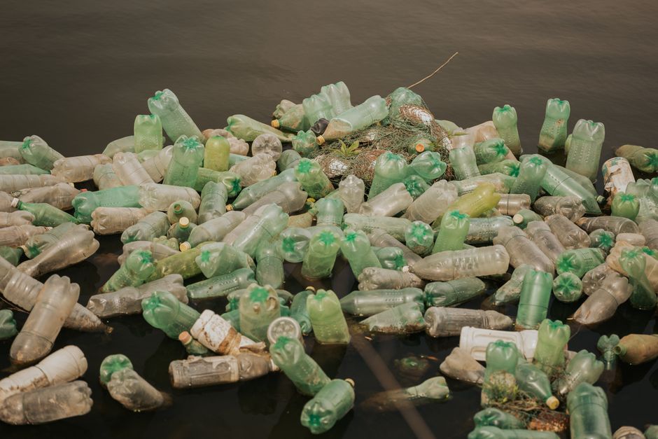 Una colección de botellas de plástico contaminando un cuerpo de agua, destacando problemas ambientales.