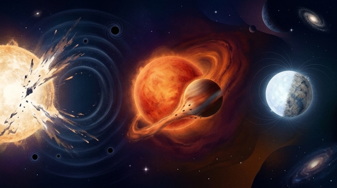 «Trío de fenómenos cósmicos: explosión estelar masiva, gigante roja consumiendo un planeta y enana blanca magnética.»