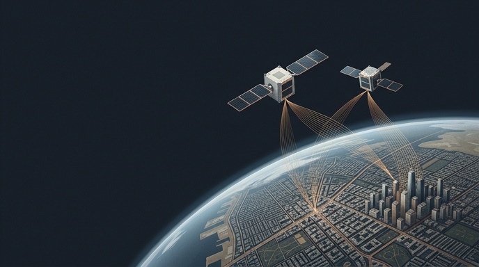 Dos pequeños satélites en órbita baja sobre la Tierra, proyectando finos haces de luz hacia el centro de una ciudad densa.