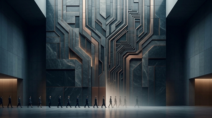 ** Una fila de siluetas de trabajadores desvaneciéndose al entrar en un gran circuito tecnológico abstracto de piedra y metal.