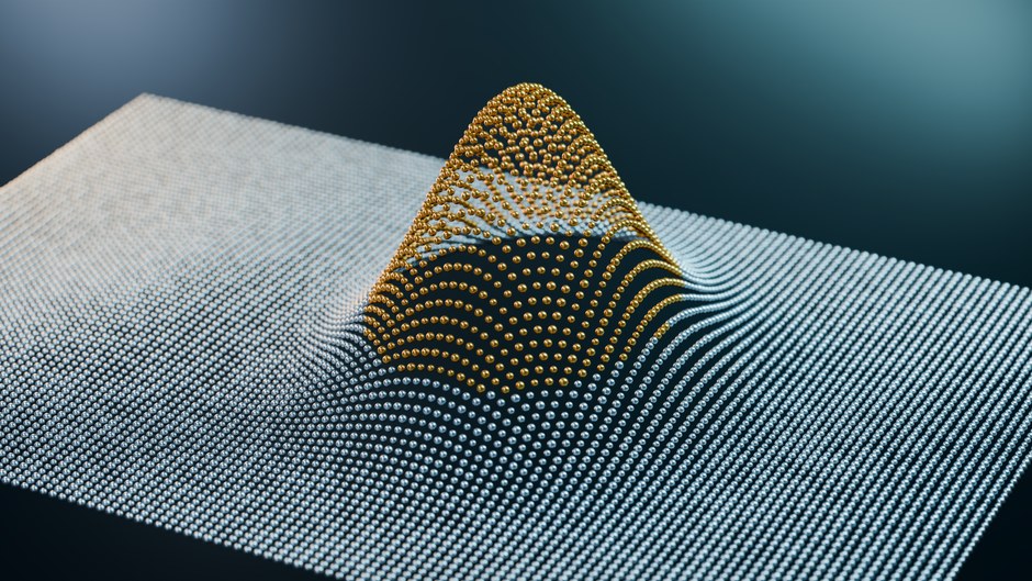 Representación 3D abstracta de partículas metálicas que forman una estructura ondulada, que representa la visualización de datos en tecnología.