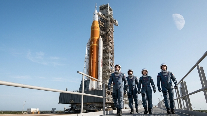 Artemis II: Cuatro astronautas caminan hacia el cohete SLS, con la Luna visible en el cielo.