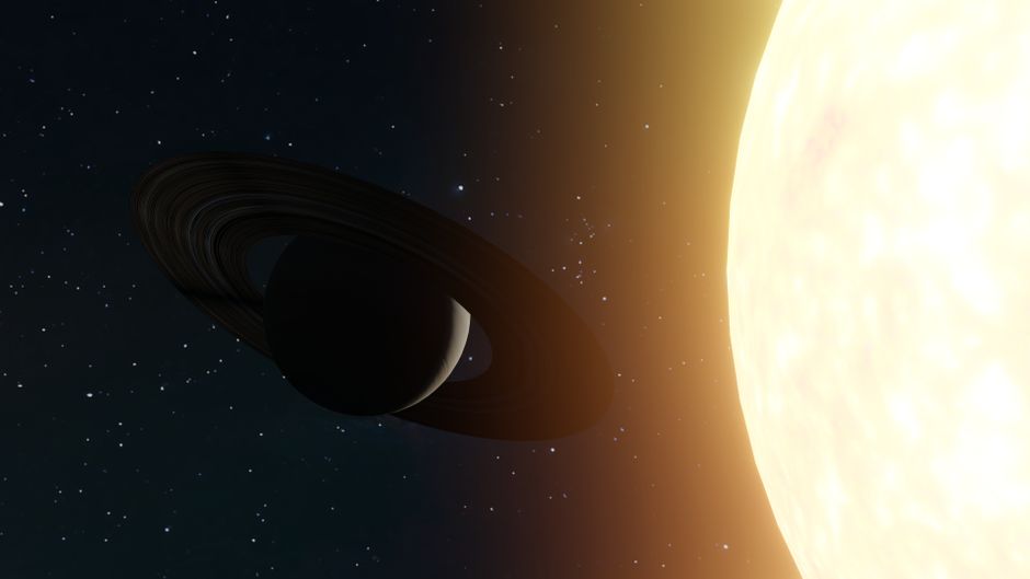 Un planeta anillado en silueta contra una estrella brillante en el espacio exterior.