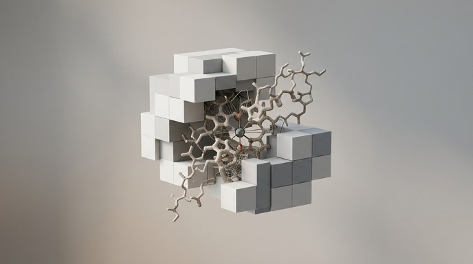Ilustración de una molécula orgánica entrelazada con un cúmulo de cubos digitales blancos, representando la computación cuántica.