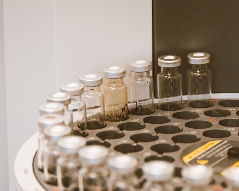 Viales organizados en un soporte de laboratorio, mostrando organización científica y preparación de investigación.