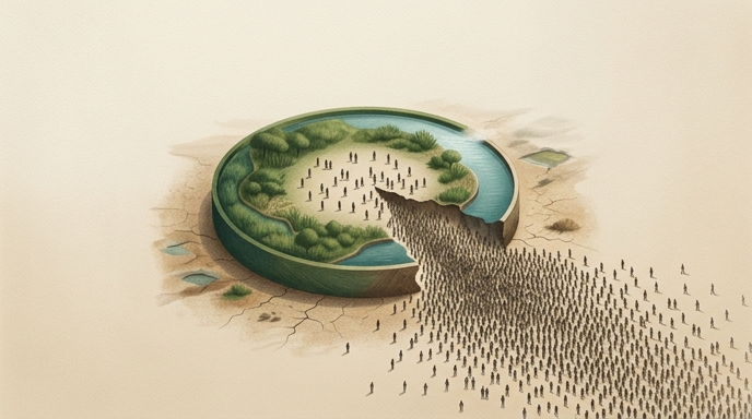 Ilustración de un círculo colapsado por una multitud, representando el exceso de la capacidad de carga del planeta.