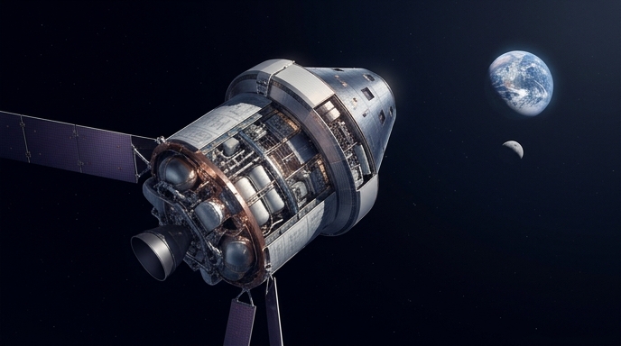 Ilustración de la nave Orion con el Módulo de Servicio Europeo en detalle técnico en camino a la Luna.