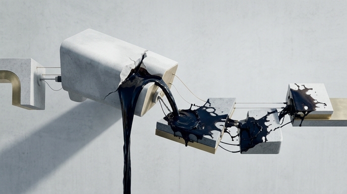 Serie de bloques interconectados de hormigón y metal siendo invadidos por un flujo de líquido negro viscoso.