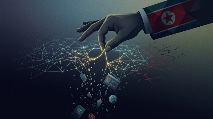 Ilustración de una mano con la bandera de Corea del Norte rompiendo una red digital de criptomonedas.