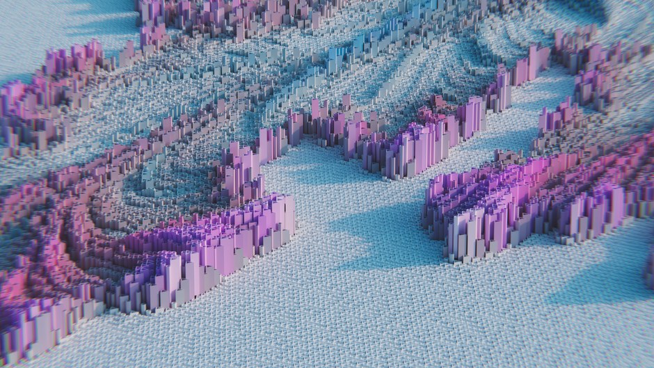 Patrón geométrico abstracto en 3D con bloques en tonos pastel rosa y morado, creando un efecto visual moderno.